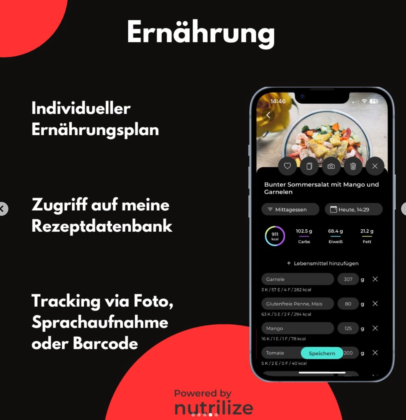 App-Ansicht Ernährung mit Rezepten und Tracking